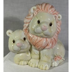 Vintage ENESCO 1997 Ceramic Lion With Cub Piggy Bank Money Box Bank